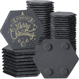 MAPRIAL 36-Piece Slate Coasters Bulk, 10.2 cm Hexagonal, Blank, Black Stone Coasters for Drinks, Natural, Handmade, Hexagon, Stone for Laser Engraving, Gifts, Engraving, Halloween (Black)
