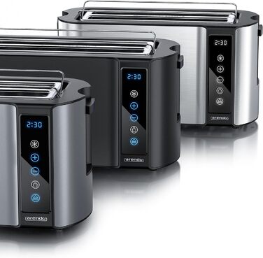 Arendo - Stainless Steel Toaster, Long Slot, 4 Slice - Touchscreen – Double-Walled Housing – 1500 W – Integrated Bagel Attachment – 7 Browning Levels – Bread Centering – Remaining Time Display – Memory Function A: Cool Grey