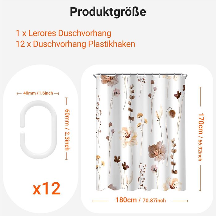 Штора для душу 240x200 см з квітами, поліестер, антигрибкова, водовідштовхувальна, з утяжеленим краєм, з кільцями (коричнева)