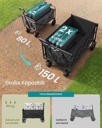 Візок садовий SONGMICS GFW909B01 (150л, чорний) – складаний, міцний, з 4 колесами (2 поворотні), вантажопідйомність до 180 кг