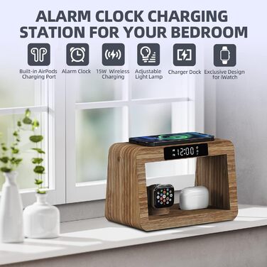 Багатофункціональна бамбукова зарядна станція 5-в-1 з бездротовим зарядним пристроєм, світлодіодним нічником та годинником, сумісна з Apple Watch, AirPods, Samsung Galaxy та іншими пристроями