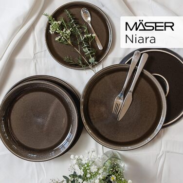 MÄSER 934021, Niara Series, Modern Plate Set for 6 People in Exciting Vintage Look, 12-Piece Ceramic Tableware Set in Grey and Black, Stoneware Plate Set 12-Piece Grey
