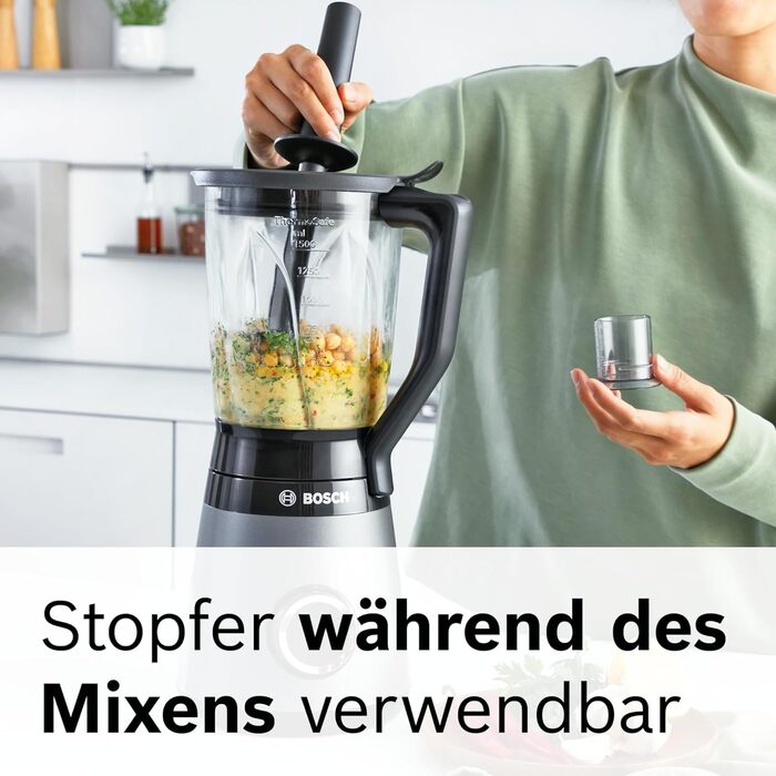 Блендер Bosch VitaPower Serie 4 MMB6172S, 1200 Вт, 1,5 л, скляна чаша, нержавіючі леза, 30 000 об/хв, сріблястий, частини для посудомийки