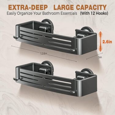 Сучасна поличка для душу Lekesky, стійка до іржі, 2 шт., Gunmetal Grey, алюміній, на присосках, без свердління, з 12 гачками, прямокутна