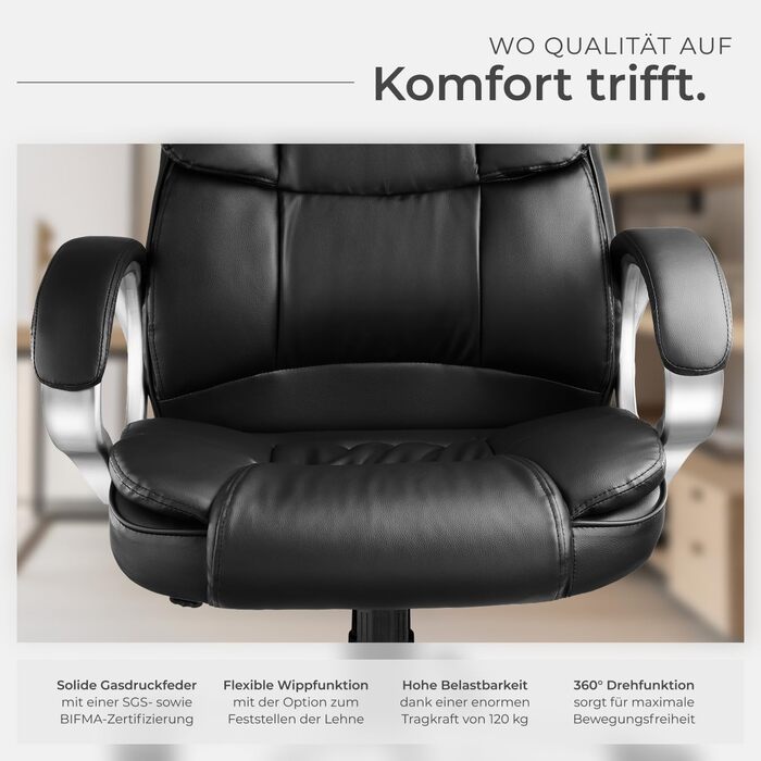 Офісне крісло tectake® з підлокітниками, регулюванням висоти та функцією гойдання, чорне, з підкладкою 12 см, оббивка під шкіру