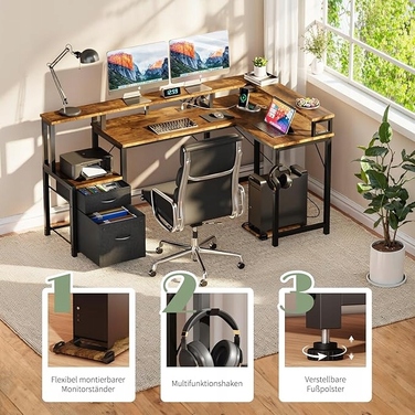 Великий кутовий ігровий стіл у формі L з LED-підсвіткою та полицею, 168x100 см