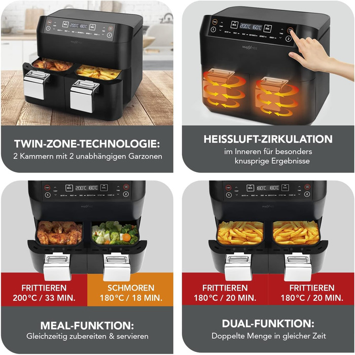 MAXXMEE аерофритюрниця з двома кошиками 7,6 л, цифрова, 2400 Вт, 6 програм, одночасне приготування двох страв