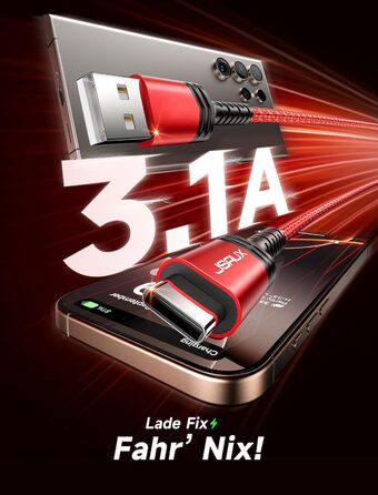 Кабель USB-C JSAUX 3.1A (2 шт. по 2м), 2 шт., червоний, для Samsung Galaxy, iPhone, PS5, CarPlay, нейлон, швидка зарядка