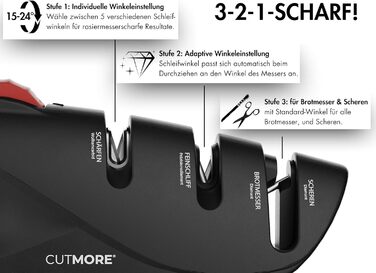 CUTMORE® Точилка для ножів Diamant - Оригінальна 5-в-1 для хлібних ножів, ножиць та ножів – професійний прецизійний кут – неслизька, проста, ефективна – відома у спільноті Hobbykoch (ProSharp)
