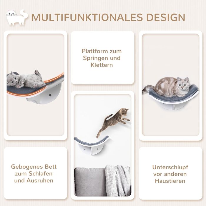 PawHut Cat Bed, Wall-Mounted Cat Bed, Cat Shelf, Wall Mount, Plush Cushion, MDF (white / gray)