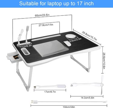 Стіл для ноутбука в ліжко, складний з USB, ручка, кишеня для карток, тримач для напоїв, висувна шухляда, портативний стіл для їжі, читання та роботи в ліжку (Чорний)