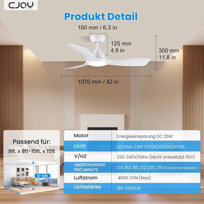 Стеляний вентилятор CJOY з підсвіткою, 107 см, з пультом керування, DC, тихий, з функцією реверсу, пам'ять 3CCT, диммування, 6 швидкостей, таймер для спальні, білий