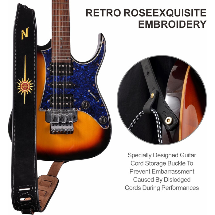 Гітарний ремінь Nefelibata з вишивкою 'n', 2.7', з баварської шкіри, з шампуруванням, для акустичної, бас та електрогітари (Золоте Сонце)