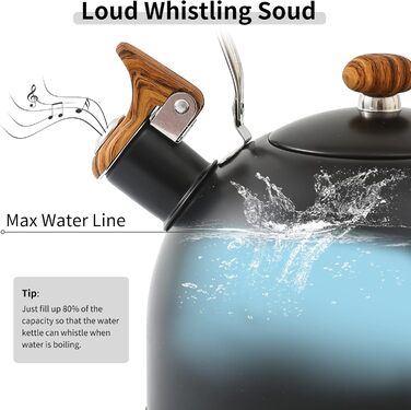 Чайник для плити LONFFERY 2.5л з свистком, з нержавіючої сталі, з дерев'ястим декором, складна ручка, кремово-білий/білий (чорний)