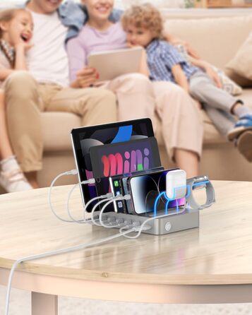 Зарядна станція SooPii USB 60W/12A з 6 портами, органайзер для декількох пристроїв з тримачем для Apple Watch, 6 кабелів в комплекті (срібло)