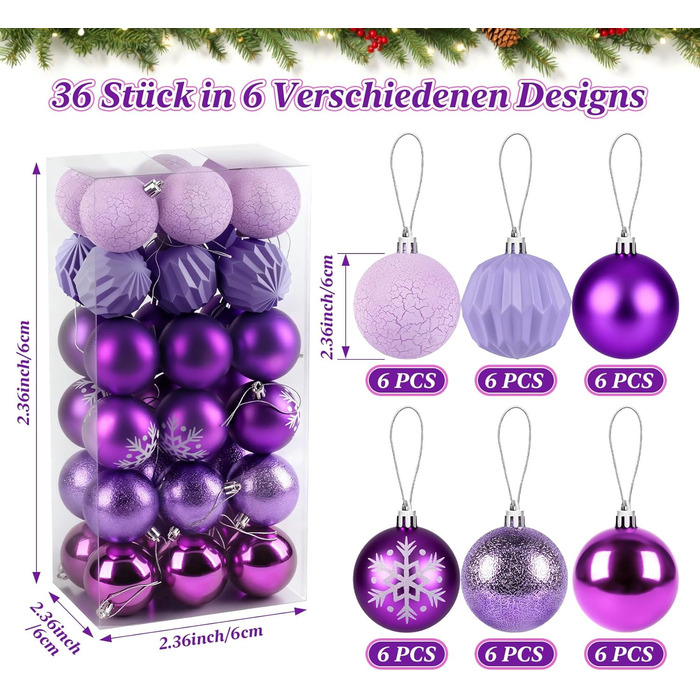 40 Штучних Різдвяних Кулі Прозорі з Кришкою, 6 см, Різдвяні Кулі з 5 Різними Дизайнами, Пластикові Кулі для Ялинки, Вікна, Внутрішнього та Зовнішнього Декору (Фіолетовий)