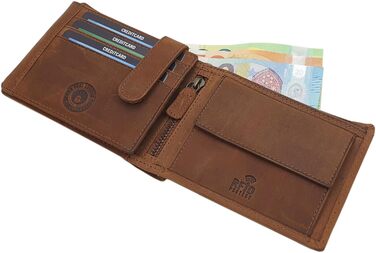 myledershop Genuine Buffalo Leather Wallet/Bifold Wallet/Card Holder/Money Bag in Portrait or Landscape Format with Wolf Design and RFID & NFC Protection (Model 2 / Landscape/Cognac)
