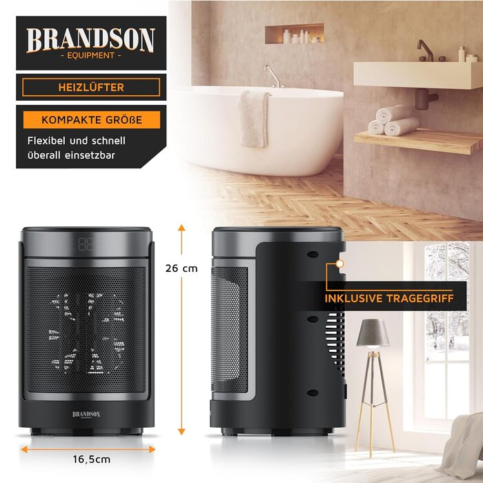Електричний обігрівач Brandson з пультом керування, ECO-режим, осциляція 50°, 2 режими нагріву, захист від перегріву та перекидання