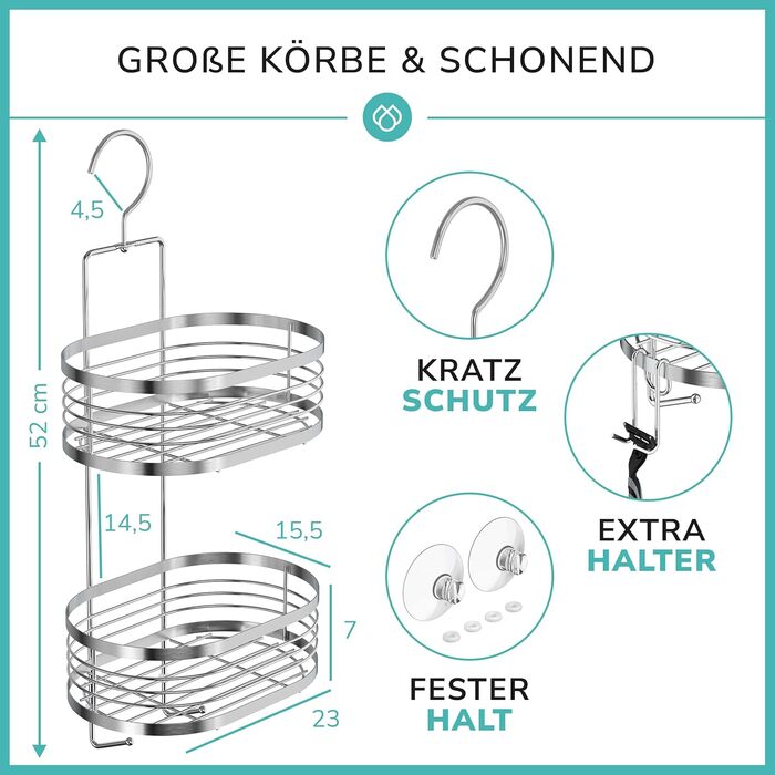 Shower shelf for hanging with 3-fold anti-rust protection incl. free razor holder, suction cups & spacers - Flexible hanging shower basket - Premium hanging shower shelf without drilling