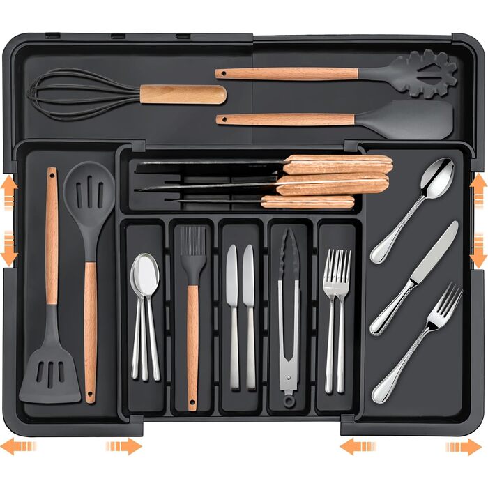 Органайзер для столових приборів в шухляду, розширюваний, чорний. Тримач для ложок, виделок, ножів. Регульований роздільник для кухонних ящиків