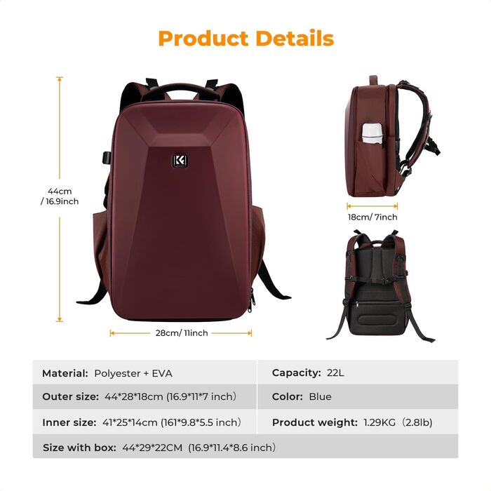 Рюкзак для камери K&F Concept F-red з жорсткою оболонкою, відділенням для ноутбука 15.6 дюймів та дощовиком, для дронів та фотообладнання