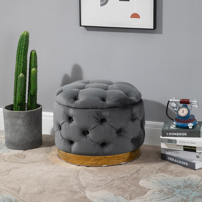 HOMCOM Vintage Ottoman, Storage Chest Bench Footstool Footrest with Storage, Upholstered Footstool, Metal, Foam, Charcoal Grey, 55 x 55 x 42 cm | Aosom