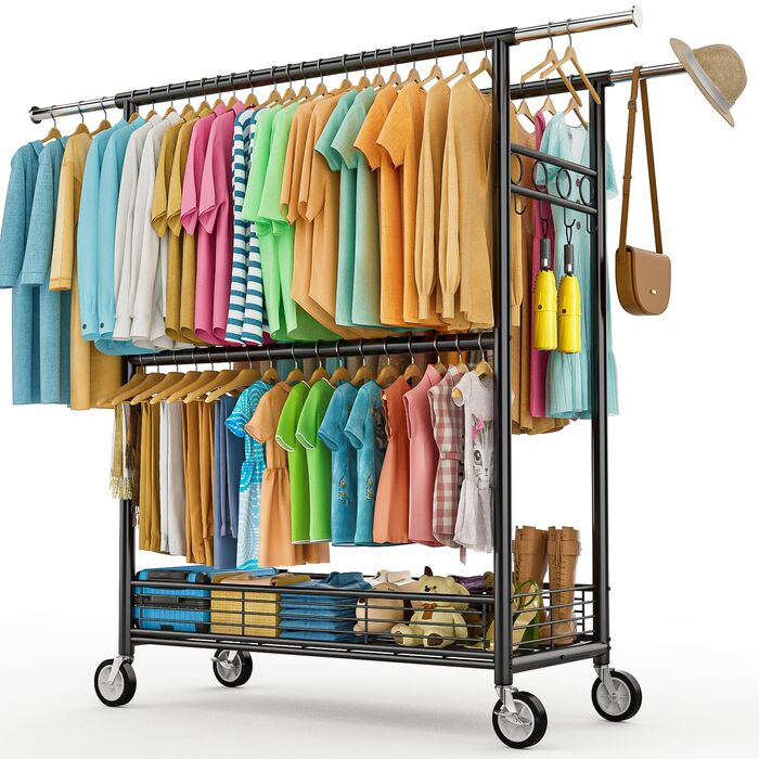 Стійка для одягу Bomclap з великою вантажопідйомністю, з колесами, висувна, з 3 перекладинами, 8 гачками та полицею, міцна, до 160 кг (чорна)
