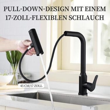 Кухонний змішувач водопровідний висувний з душем, 360° поворот, 4 режими, з нержавіючої сталі, чорний