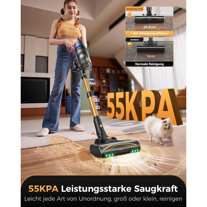 Бездротовий пилосос Proscenic P15: 55KPa, 580W, 70 хв, LED дисплей, антизаплутана щітка, фільтр GreenEye, для твердих поверхонь, килимів, шерсті тварин, авто