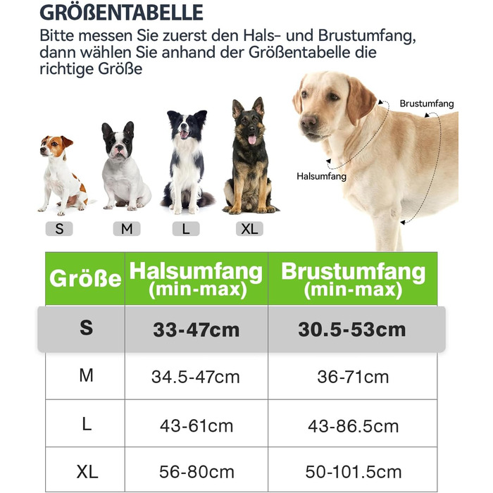 Нашийник для собак Joytale середнього розміру, світловідбиваючий, дихаючий, регульований, з ручкою для тренувань, M (1 шт., зелений)