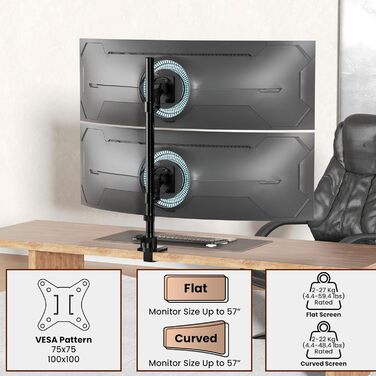 Кріплення для монітора 2 монітори один над одним, 24-57 дюймів, для плоских та вигнутих екранів, вантажопідйомність 2-27 кг, чорний