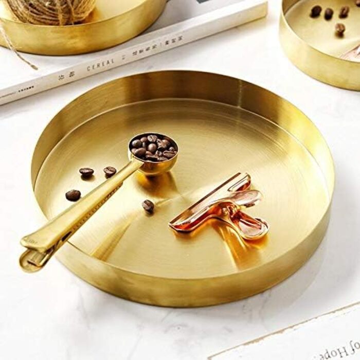 Round Stainless Steel Serving Tray, Gold Jewelry and Makeup Organizer/Candle Tray Gold (22 cm)