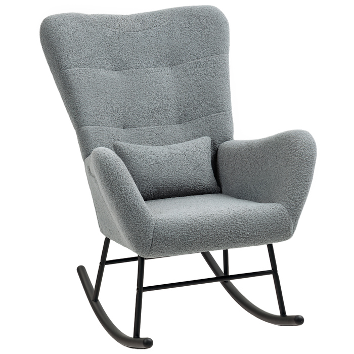 HOMCOM Rocking Chair, Rocking Armchair with Teddy Fabric Look, Armrests, Still Chair with Wooden Skids, Lumbar Pillow, Relax Chair with Side Pocket for Living Room, Bedroom, Grey | Aosom