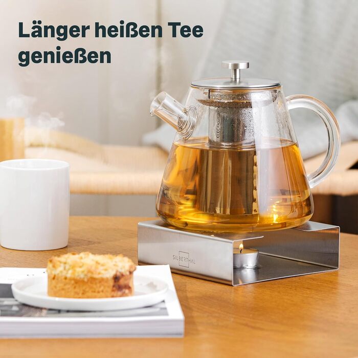 Teapot Glass 1.5 Liter - with infuser insert & lid - Infuser for hot drinks & cold brew tea - Ideal for hotplates (Teapot Glass 1.5l + Hotplate)