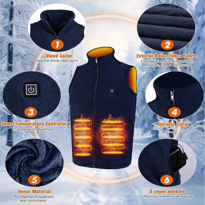 Електрична гріюча жилетка для чоловіків TOUVE, 5 зон обігріву, регулювання температури, флісова куртка (без Powerbank), колір: синій (M, 2025)