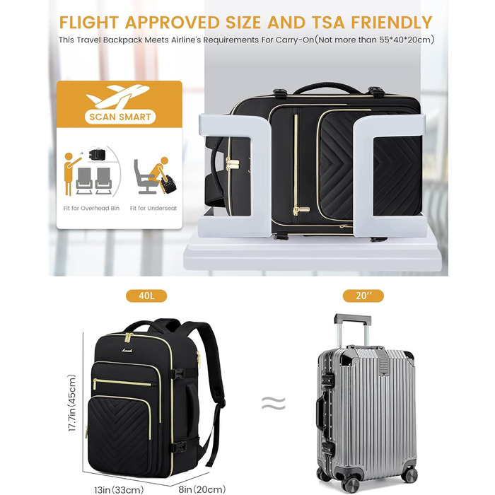 LOVEVOOK Рюкзак для ручної поклажі, 40L, водонепроникний, для ноутбука 17 дюймів, чорний, для подорожей та бізнесу