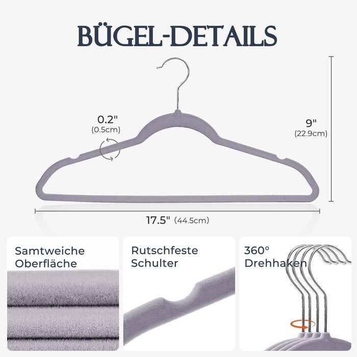 В'язки для одягу з велюру, 20 шт. - В'язки для одягу, економія місця, неслизькі, міцні, 360° обертання - для сорочок, костюмів, светрів, штанів, сірі