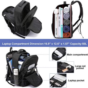 Жіночий рюкзак LIWAG 50L, водовідштовхувальний, з відділенням для ноутбука 17 дюймів, USB-порт, антикрадійний, для роботи, подорожей, школи, фіолетовий