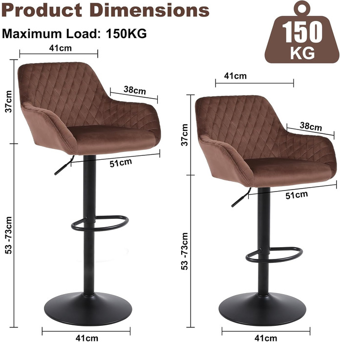 Ralex Adjustable Swivel Bar Stools 2-Pack - Velvet Upholstered Counter Height Stools with Backrest & Armrests for Kitchen, Bar & Countertops (Brown)