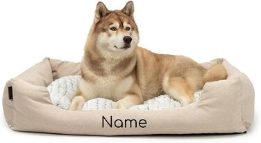 Lionto Dog Basket with Fluffy Reversible Cushion, Cozy Pet Bed in Heathered Design with Deep Entry for Dogs & Cats of All Sizes, 80x60 cm, Soft Dog Bed, (Beige, L 110 x W 80 x H 28 cm (with name tag))