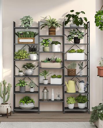 Книжкова шафа Hzuaneri з 17 полицями, 6 ярусів, регульовані полиці, 24x152x186 см, навантаження 340 кг, чорна з деревною текстурою, для вітальні та офісу