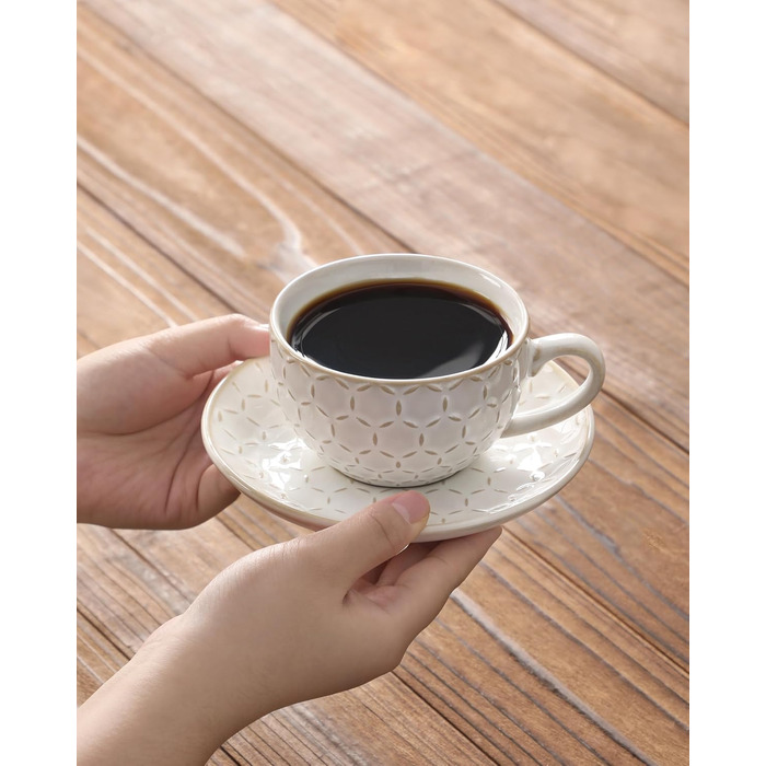 Набір кавових чашок MALACASA з блюдцем, 8 шт. (4 персони), кавовий сервіз з порцеляни, об'єм 180 мл, для кави, чаю, десертів, бежевий