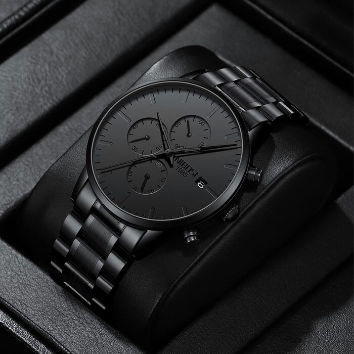 Чоловічий годинник NIBOSI: аналоговий хронограф, бізнес-стиль, водонепроникний, з нержавіючої сталі, для молоді (чорний)