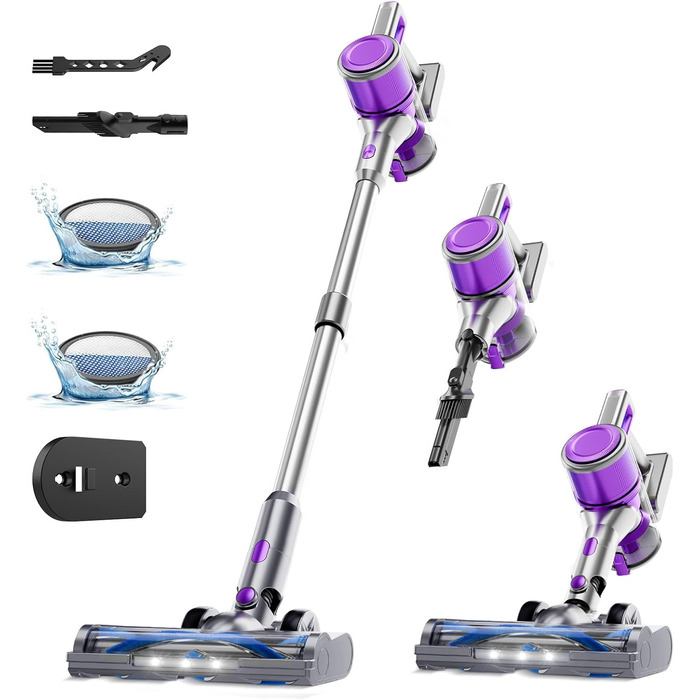 Бездротовий акумуляторний пилосос 35KPA/45Mins з LED-підсвічуванням, HEPA-фільтром та насадкою для підлоги, для тварин, килимів та твердих поверхонь, фіолетовий