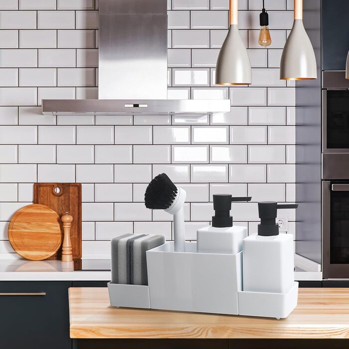 Dish Soap and Hand Soap Dispenser Kitchen Set with Sponge Holder and Brush, Dish Soap Dispenser Kitchen Black, Soap and Dish Soap Dispenser Set Kitchen Gadget Sink Organizer with Soap Dispenser (White, 4 in 1)
