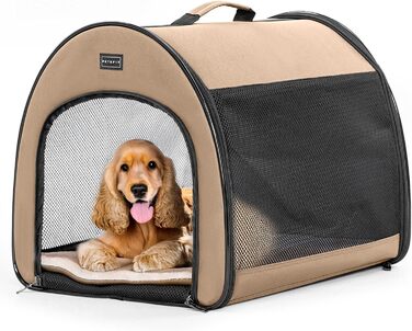 Складана переноска для собак Petfit для маленьких собак і котів, портативна та з гарною вентиляцією, для дому, з вигнутим дахом, переноска-ліжко для собак з анти-відкриваючим блискавкою та подушкою (Хакі, M)