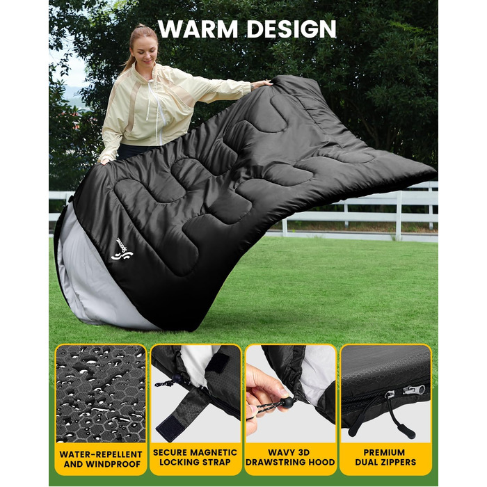 Сплячий мішок Outdoor Sportneer для 2 осіб, 220x150 см, 3.5 кг, з 2 подушками, 4 блискавки, дорослий, чорний