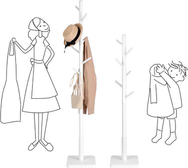 VASAGLE Coat Rack, Clothes Rack Solid Wood, Tree Shape Jacket Stand, 8 Hooks for Jackets, Hats, for Entryway, Hooks and Hold Bar Made of Rubber Wood, Cloud White RCR010W02