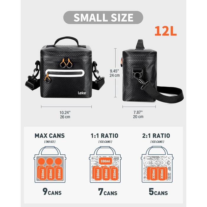 Lekesky 12/20L Ізольована Холодильна Сумка – Переносна Сумка для Пікніків, Походів, Пляжу, Барбекю, Чорна 12/20L