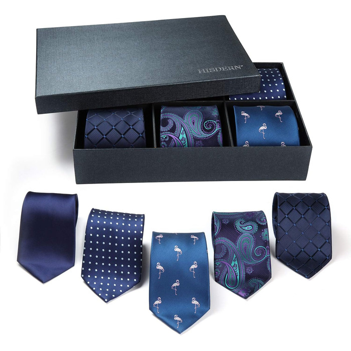 HISDERN Набір краваток для чоловіків (5 шт.) з кишеньковим хустиною. Класичні, елегантні, шовкові краватки та хустинки для весілля та особливих випадків. У подарунковій коробці.
